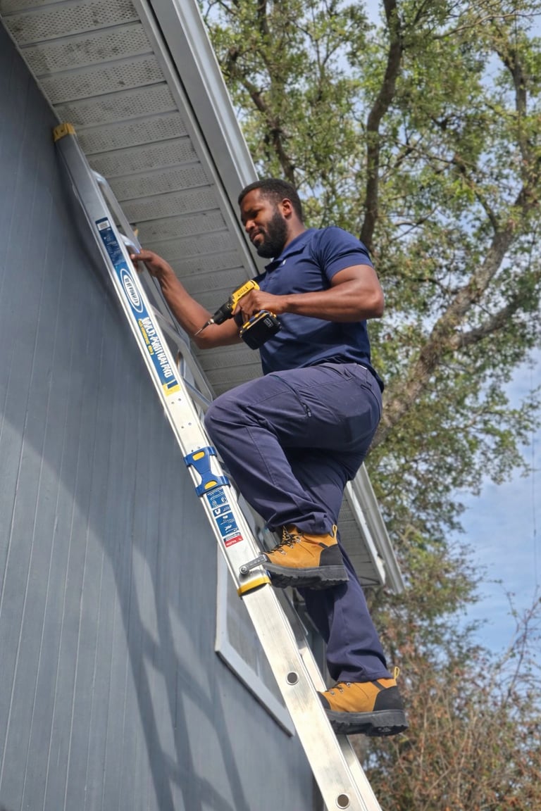 Male worker in dark uniform climbing a ladder against a gray wall with trees in background