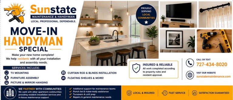 Sunstate Maintenance and Handyman Move-In Special advertising flyer with service offerings and contact details