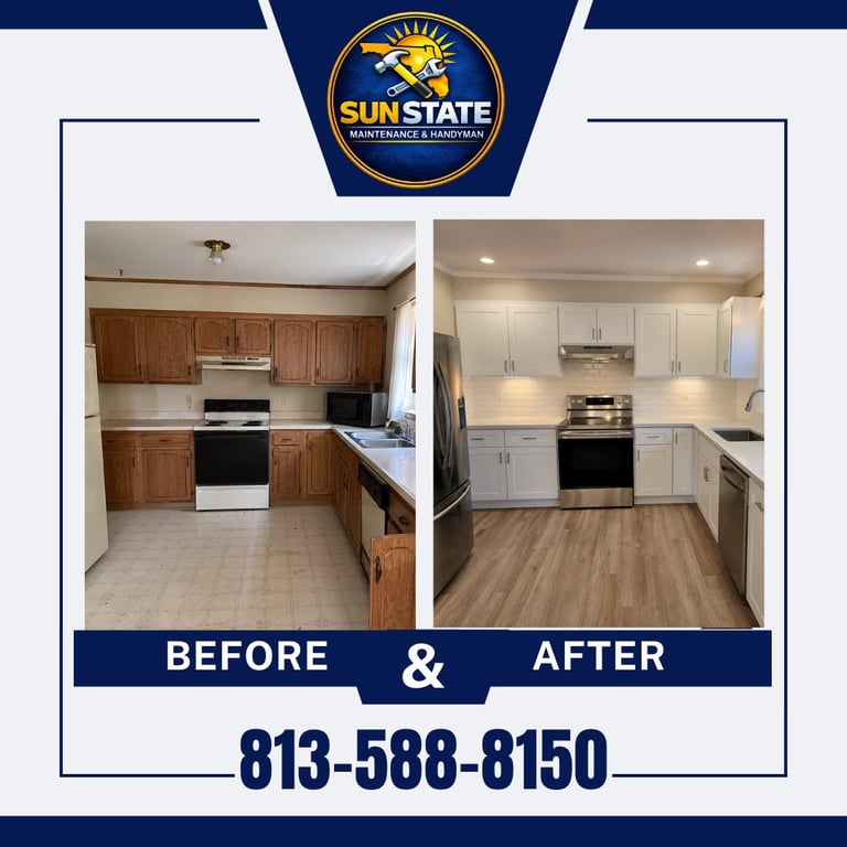 Kitchen before and after renovation showing transition from wood cabinets to white cabinets with updated flooring and appliances