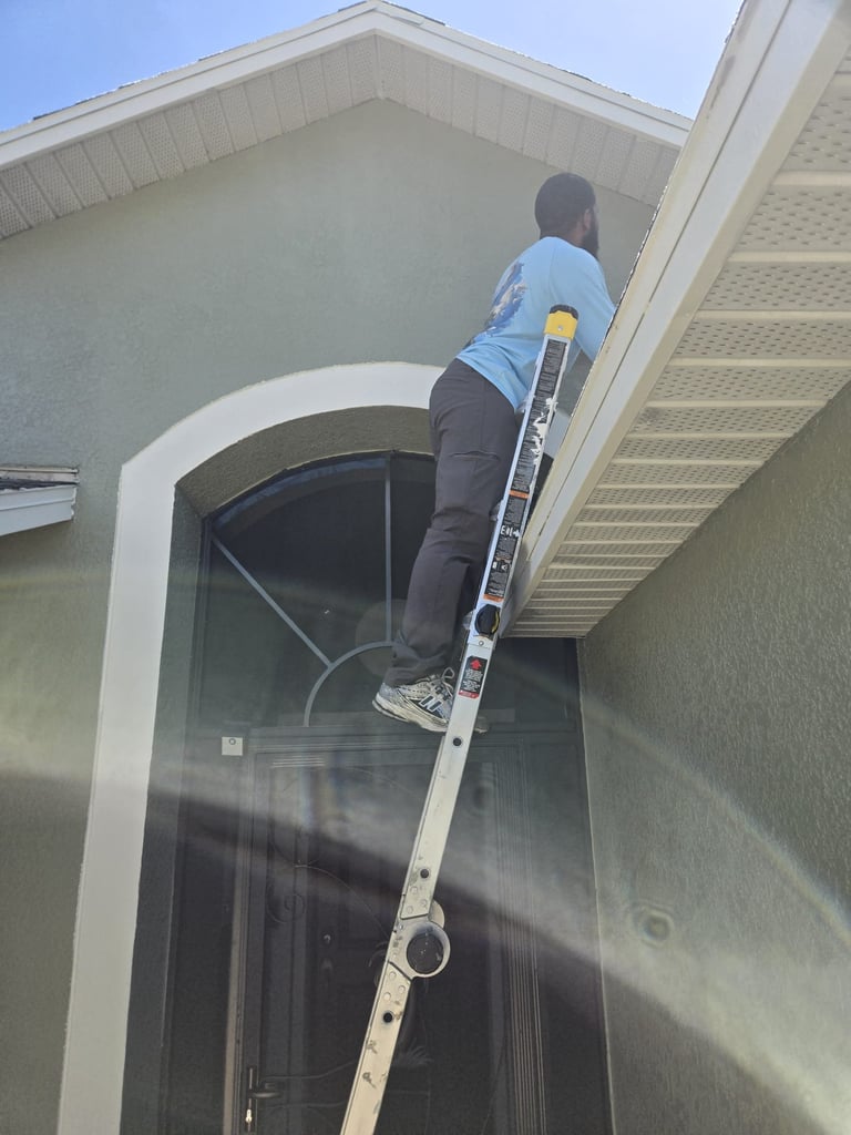 Person in blue shirt climbing ladder against house exterior near arched window and white trim