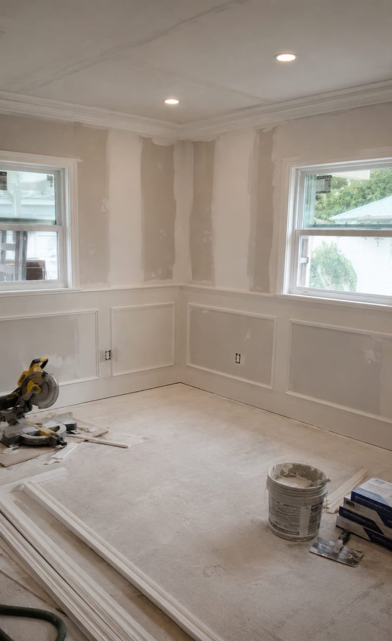 Interior room under renovation with white wainscoting, two windows, recessed lighting, construction tools, and paint supplies on floor