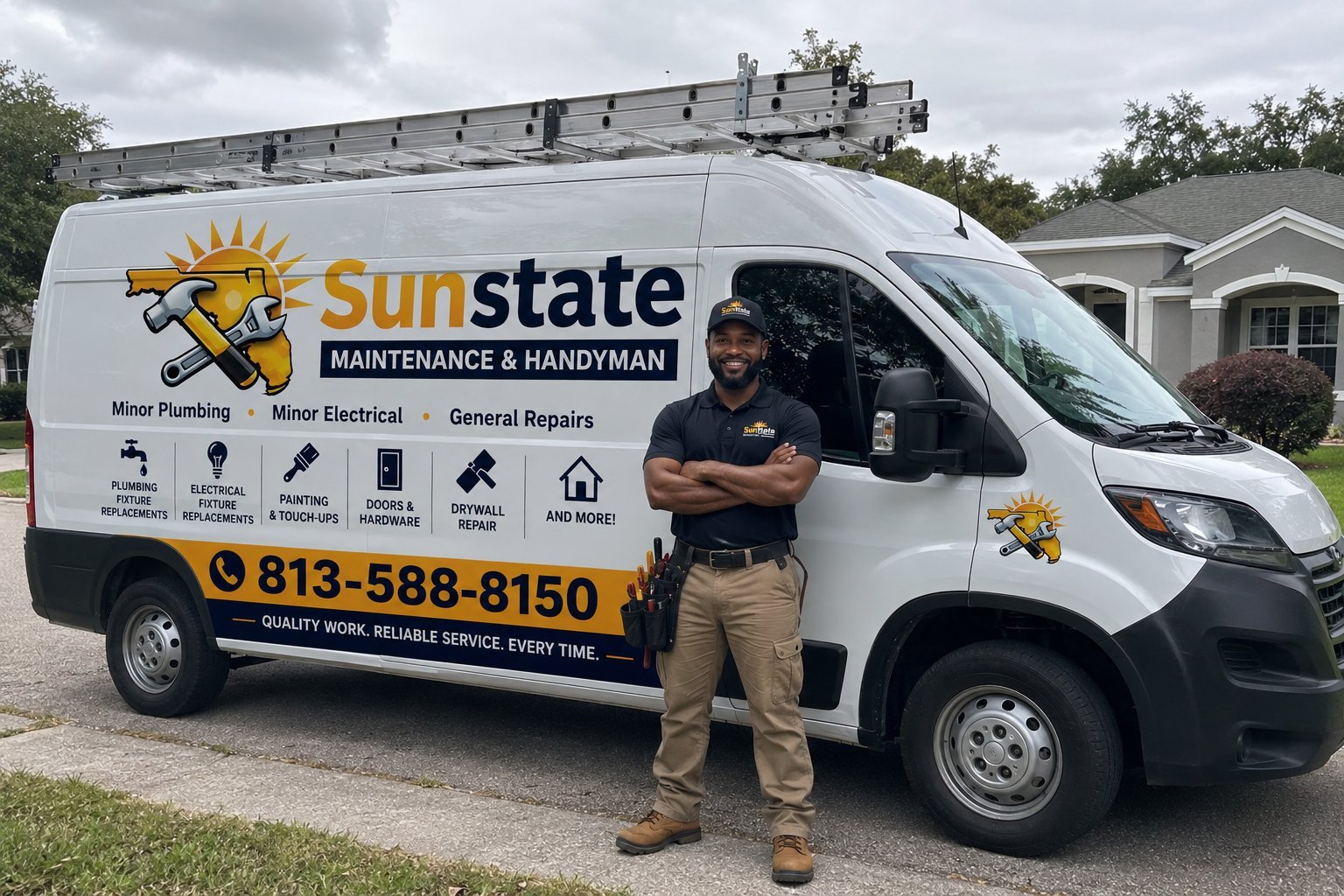 Service professional standing in front of Sunstate Maintenance & Handyman white service van with ladder rack and contact information displayed