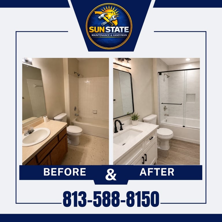 Before and after bathroom remodel showing upgraded vanity, fixtures, and tile work by Sunstate Maintenance and Restoration